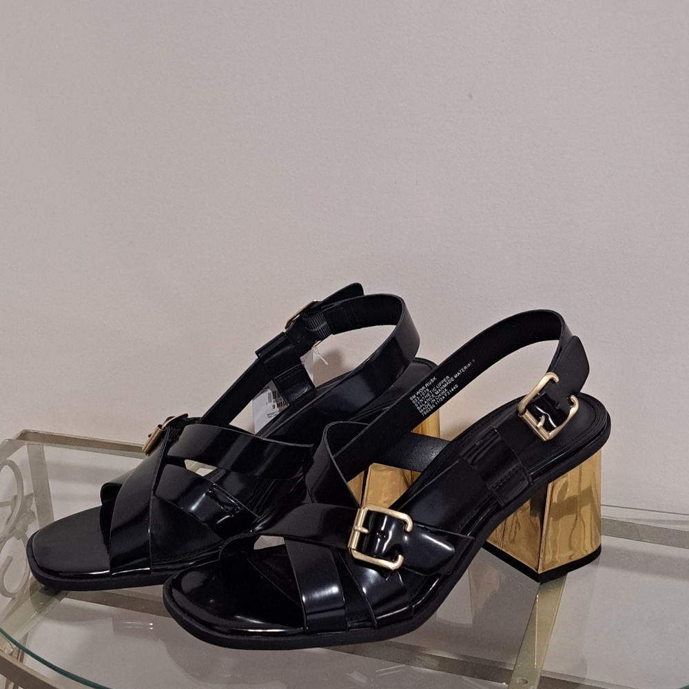 NWT Worthington Women's Black & Gold Mob Wife Slingback Strappy Sandals, Size 9.